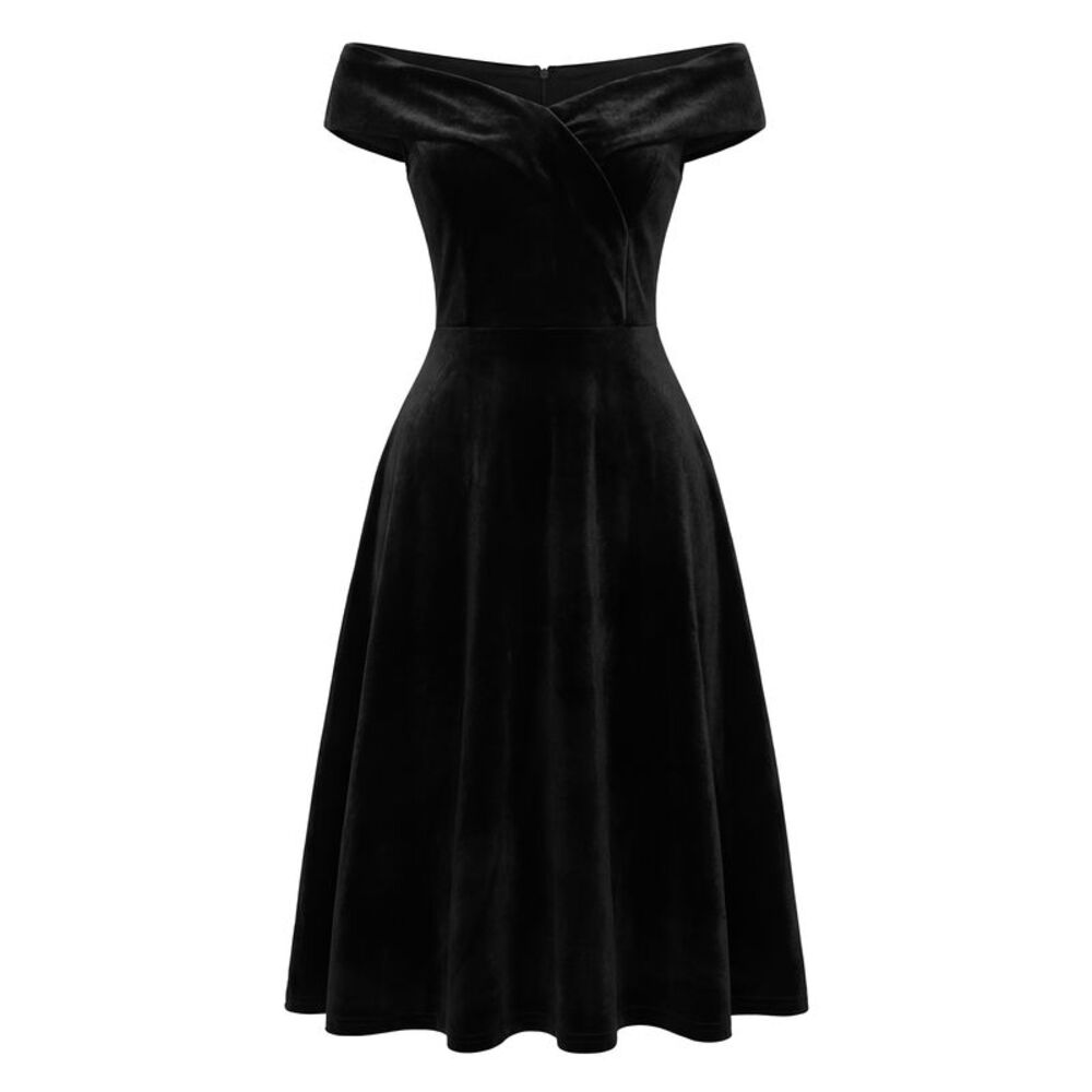 Velvet Off the Shoulder Vintage Cocktail Evening A-Line Dress Black